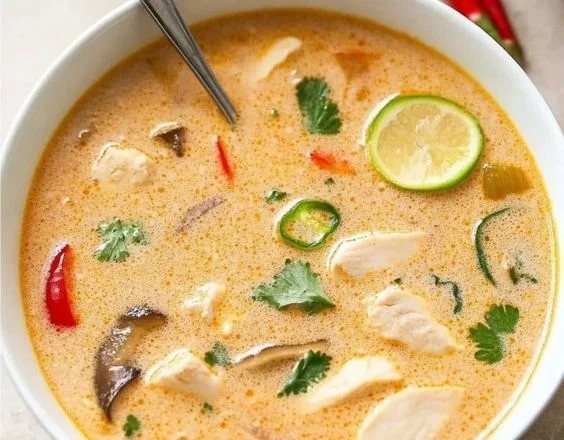 Crockpot Thai Coconut Chicken Soup served in a bowl with fresh herbs