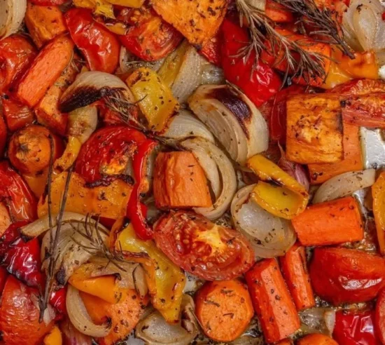 Bowl of delicious roasted vegetable soup garnished with herbs