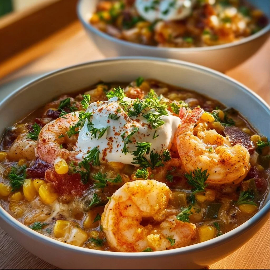 A bowl of creamy seafood and shrimp chili garnished with fresh herbs.