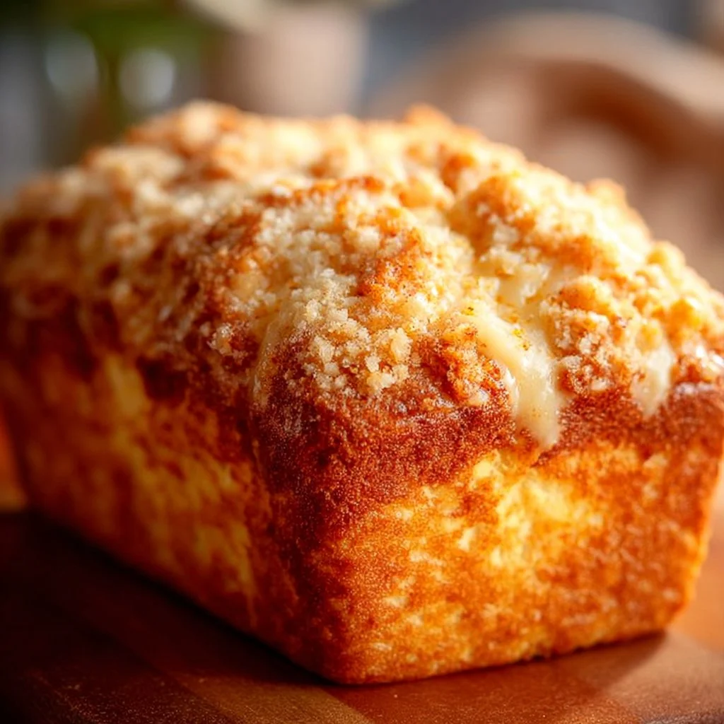 Sliced Eggnog Bread with Crumb Topping on a festive plate