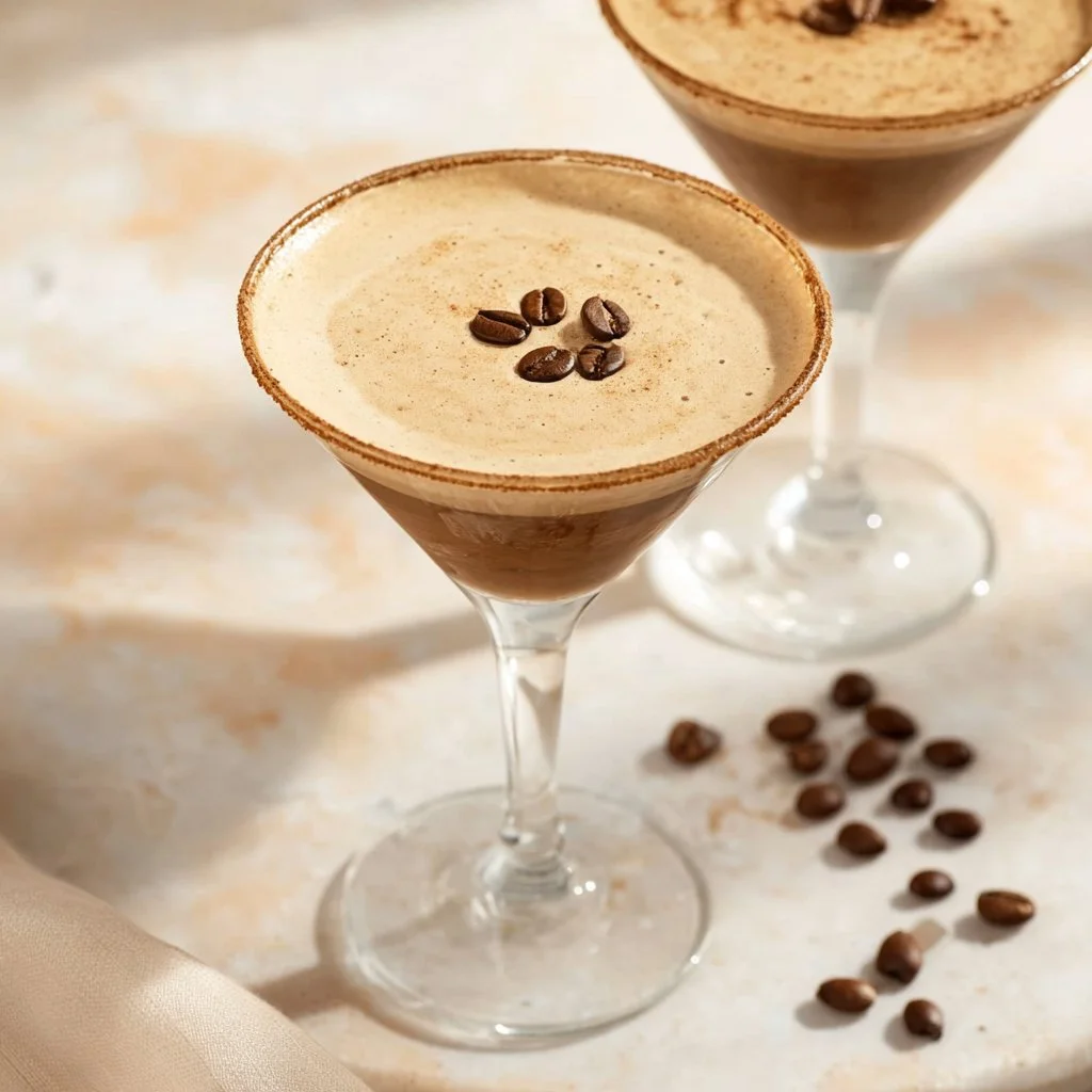 Espresso Martini Mocktail topped with coffee beans in a stylish glass