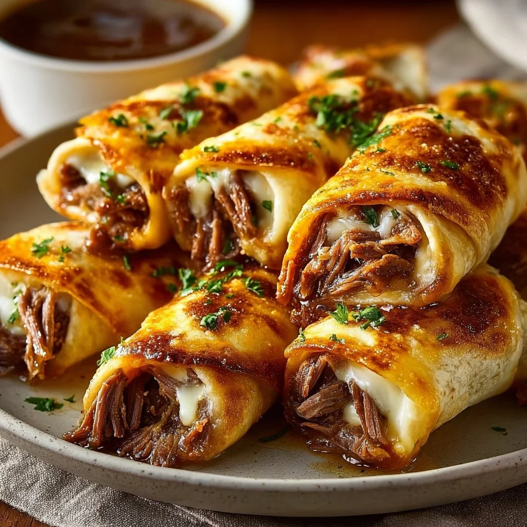 Delicious French Dip Tortilla Roll Ups served on a platter