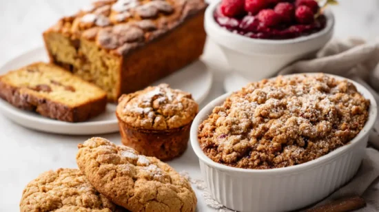 Assorted baked goods for gluten-free baking recipes, including cookies, muffins, banana bread, and berry crumble