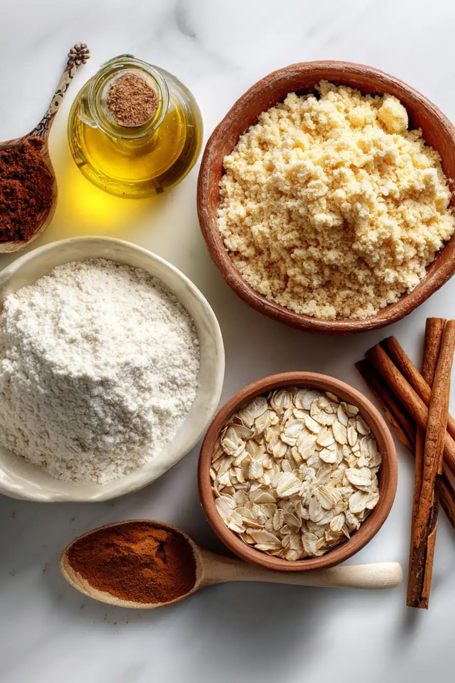Ingredients used in gluten-free baking recipes, including flour, oats, cinnamon, and oil on marble background