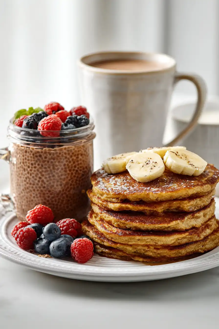 Gluten-Free Baking Recipes with banana oat pancakes, chia pudding, berries, and coffee on a plate