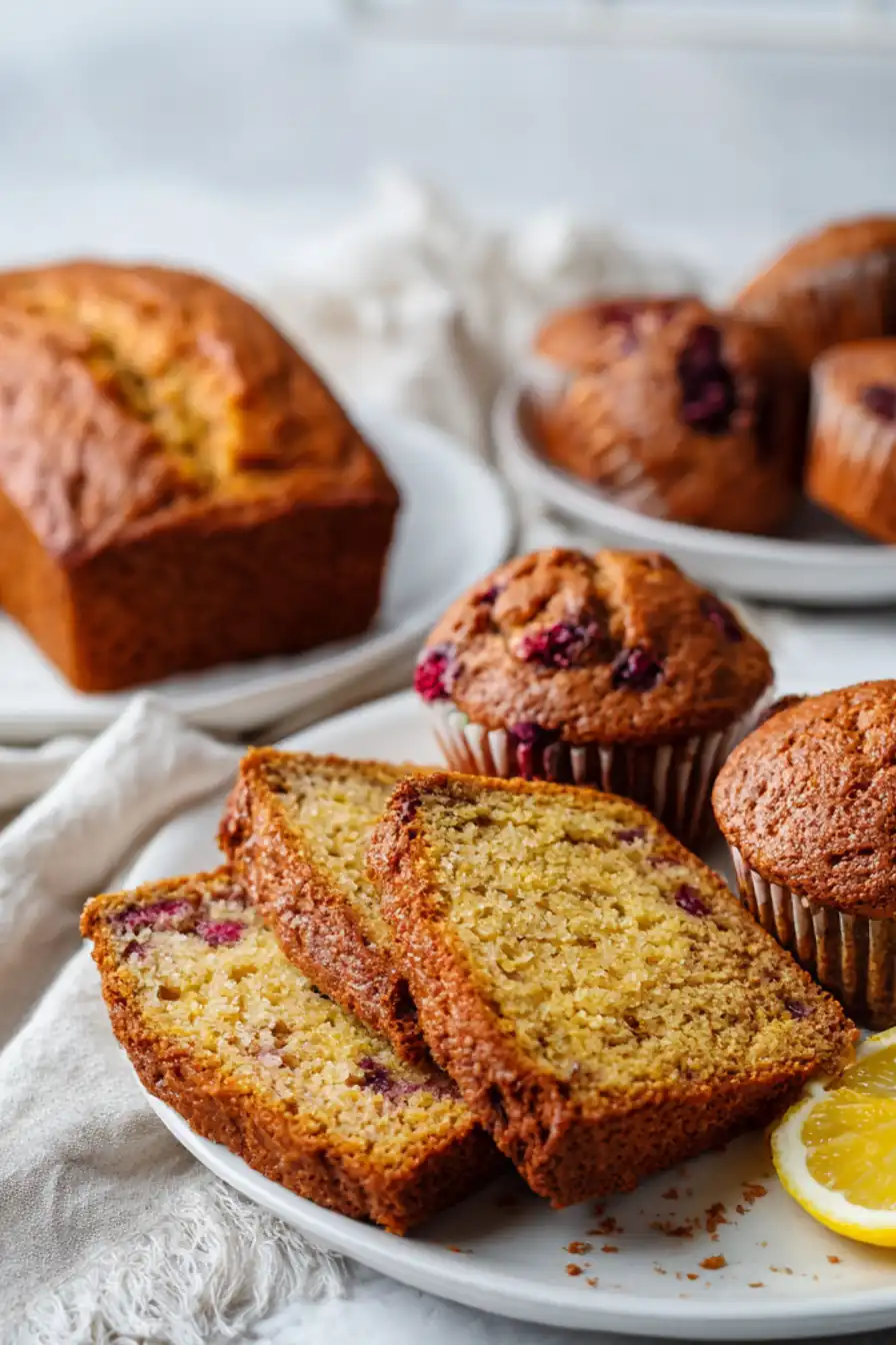 Raspberry loaf and muffins served for Gluten-Free Baking Recipes on white background