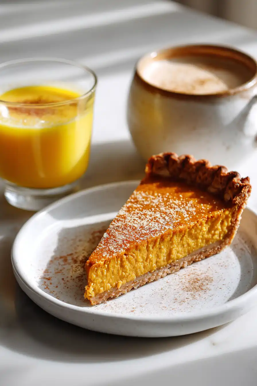 Gluten-Free Baking Recipes featuring pumpkin pie slice with latte and turmeric drink