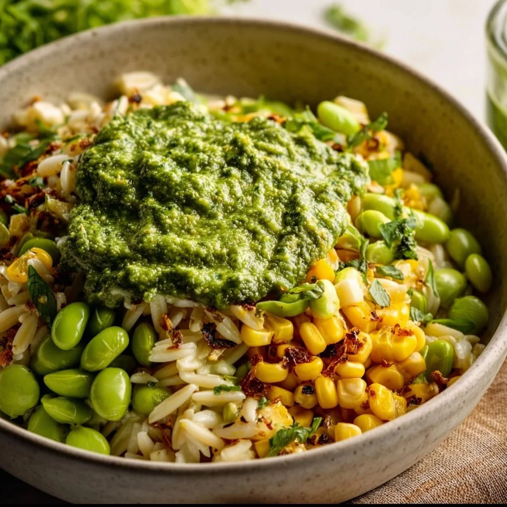 Grilled corn orzo salad with fresh vegetables and herbs in a bowl