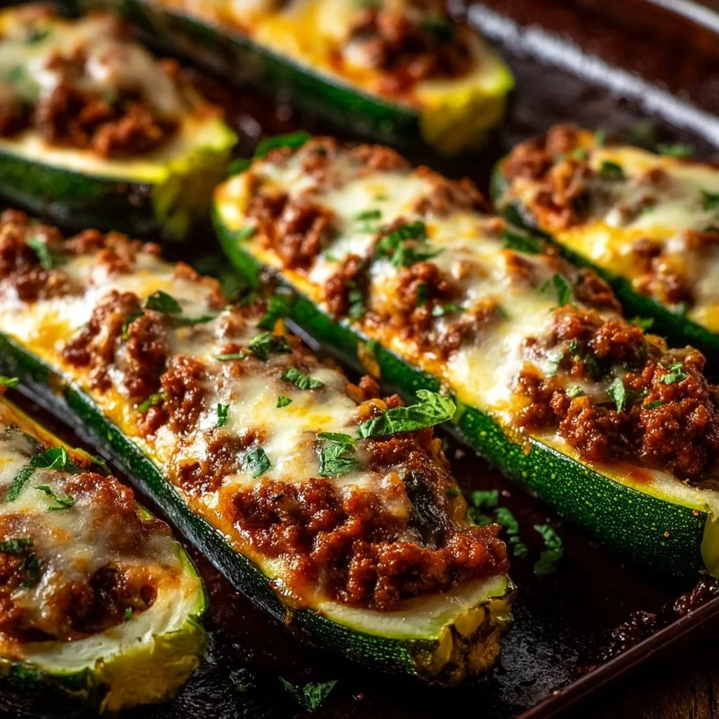 Delicious ground beef zucchini boats topped with cheese and herbs