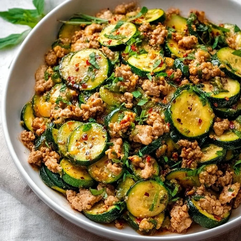 Ground turkey and zucchini skillet cooked in a pan, garnished and ready to serve.