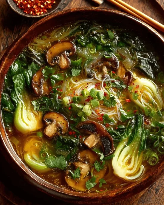 Bowl of healing ginger garlic broth with rice noodles and herbs