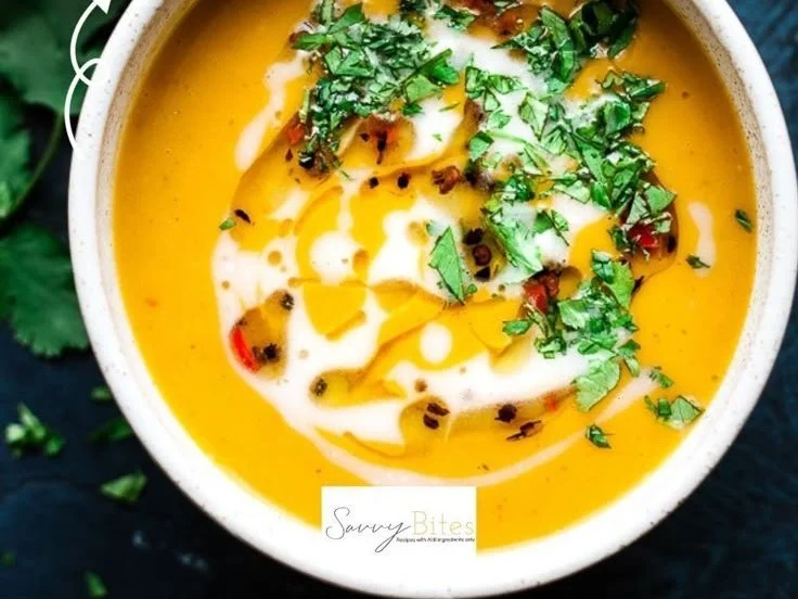 Healthy butternut squash soup in a bowl, garnished with herbs and spices