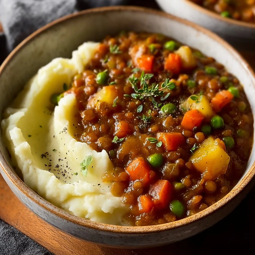 Hearty lentil stew served with creamy mashed potatoes in a bowl