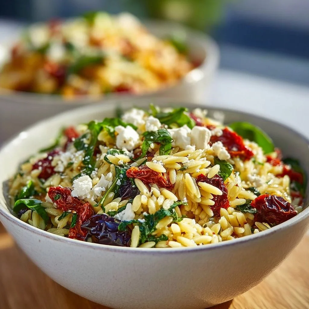 Homemade orzo pasta salad with feta cheese and sun-dried tomatoes