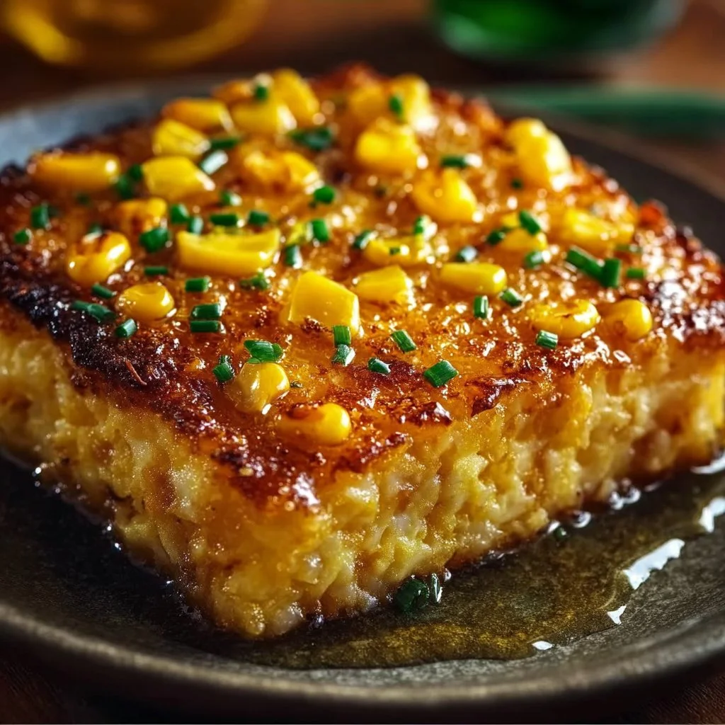 Honey-Glazed Corn Casserole topped with a sweet glaze, served in a dish.