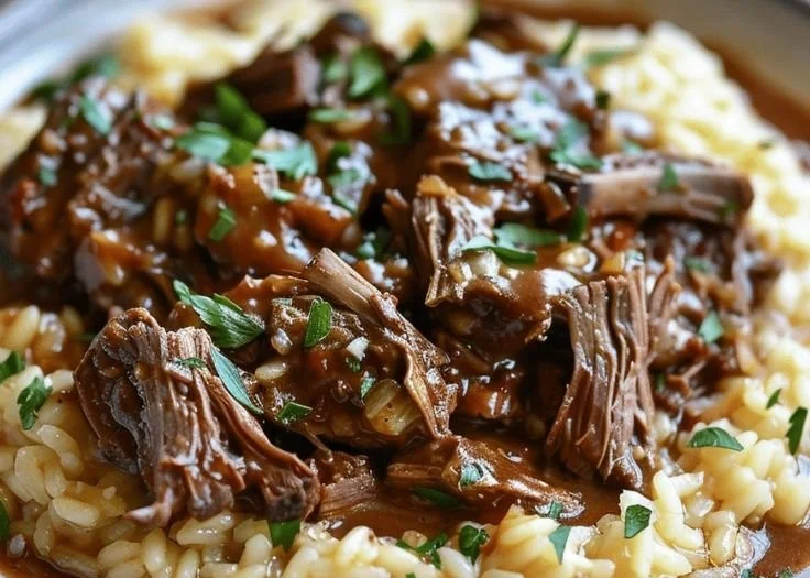 Italian Pot Roast served with creamy Parmesan Risotto, a flavorful dish.