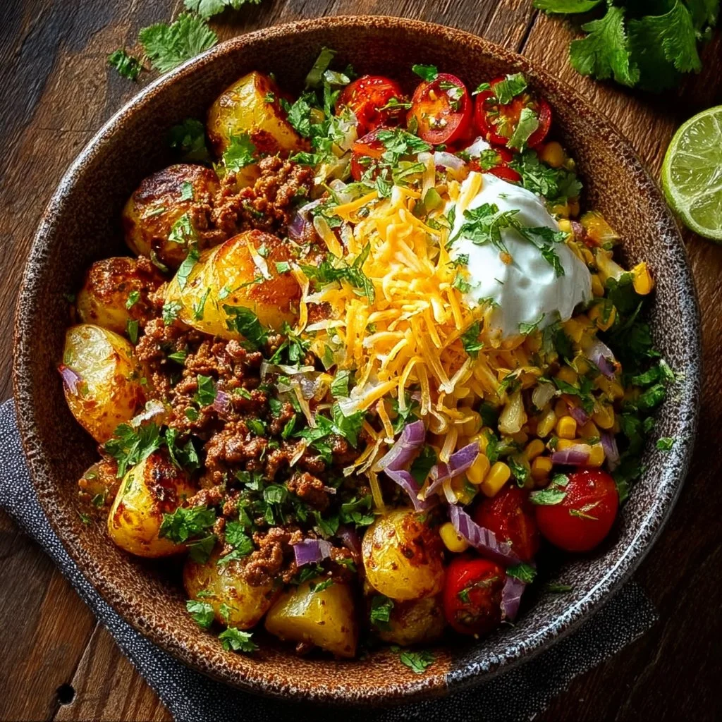 Delicious Loaded Potato Taco Bowl with toppings and garnishes