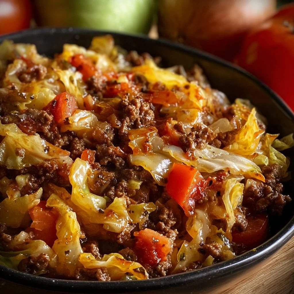 Low-carb cabbage beef stir fry dish served in a bowl with fresh ingredients
