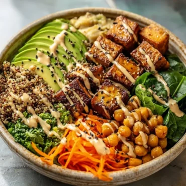 Miso glazed sweet potato bowl with colorful veggies and toppings