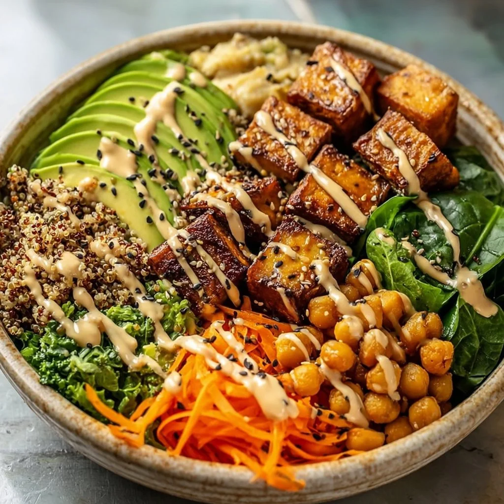 Miso glazed sweet potato bowl with colorful veggies and toppings