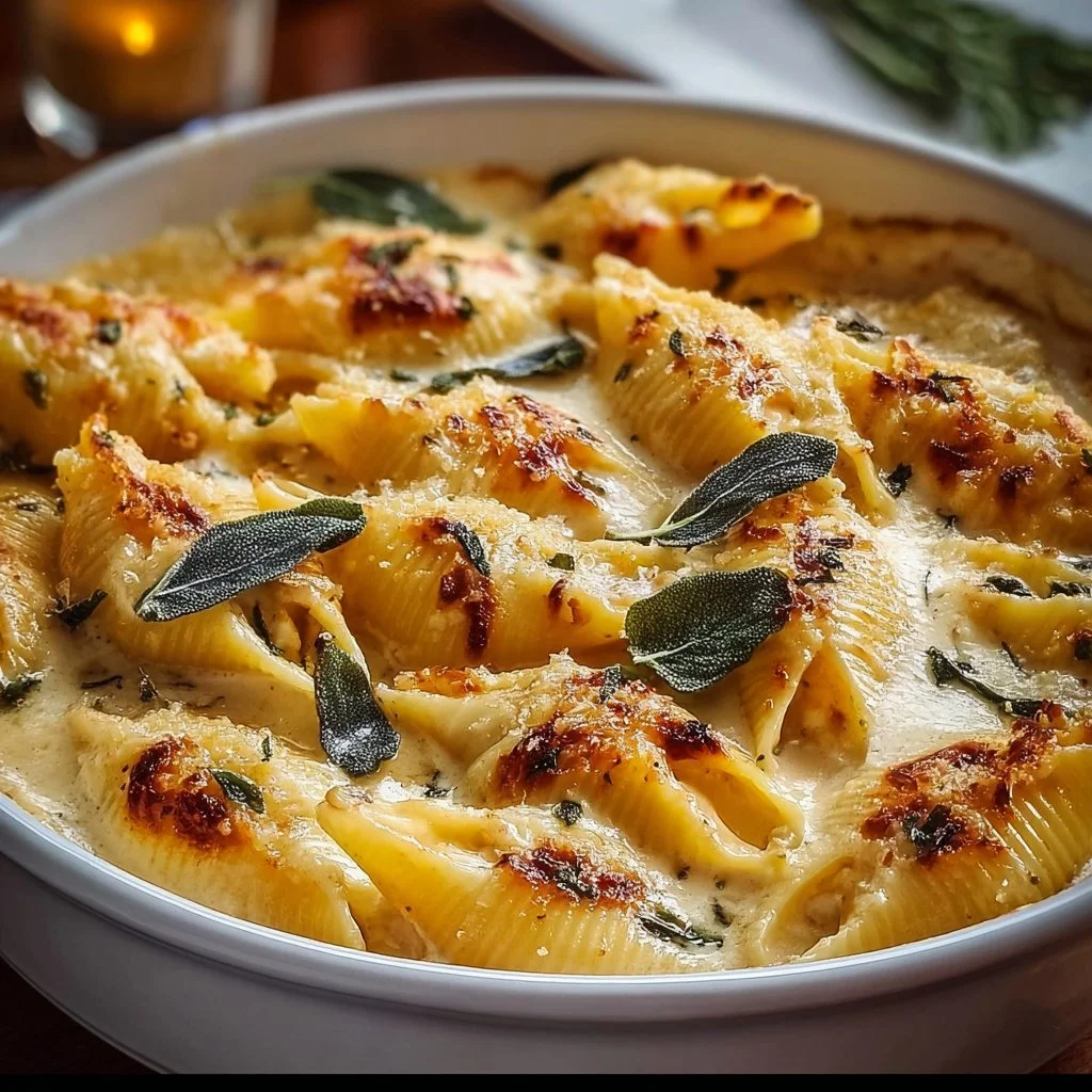 Pumpkin and gouda stuffed shells topped with cheese, ready to serve.