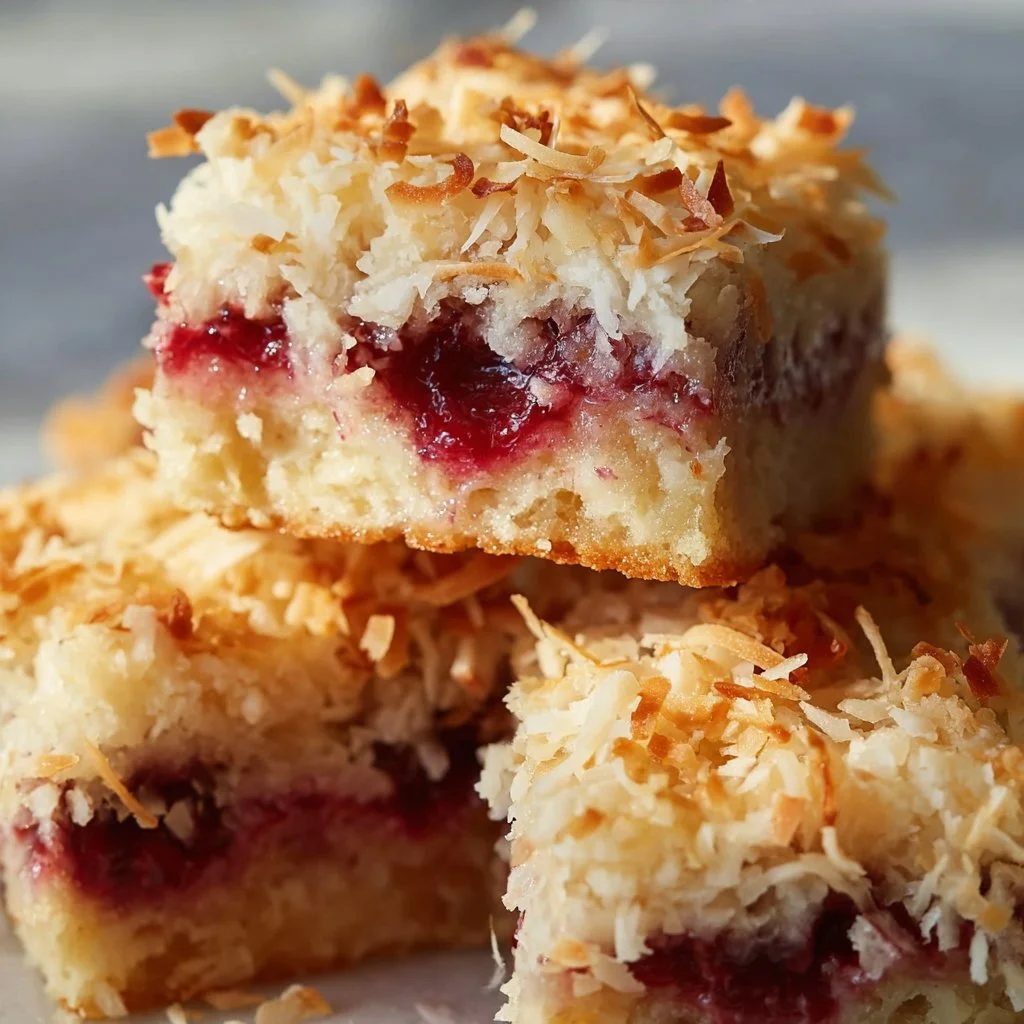 Delicious homemade Raspberry Coconut Bars on a plate