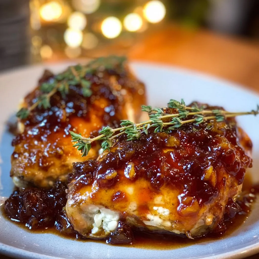 Slow cooker chicken with fig jam and goat cheese in a rustic dish