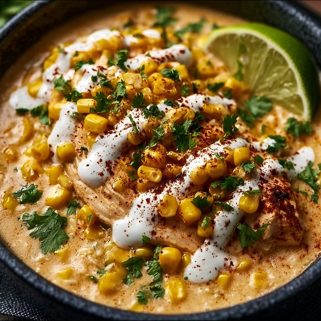 Slow Cooker Street Corn Chicken dish topped with creamy sauce and spices