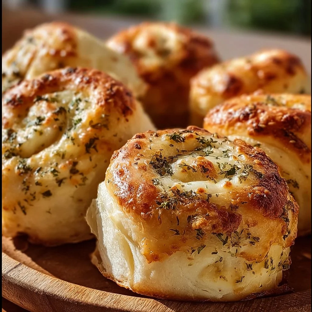 Freshly baked sourdough herb and cheese rolls on a rustic wooden table