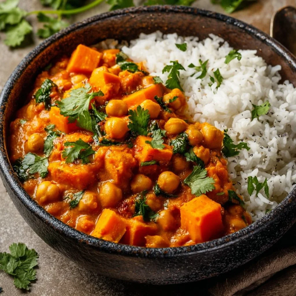 Bowl of sweet potato and chickpea curry on a wooden table