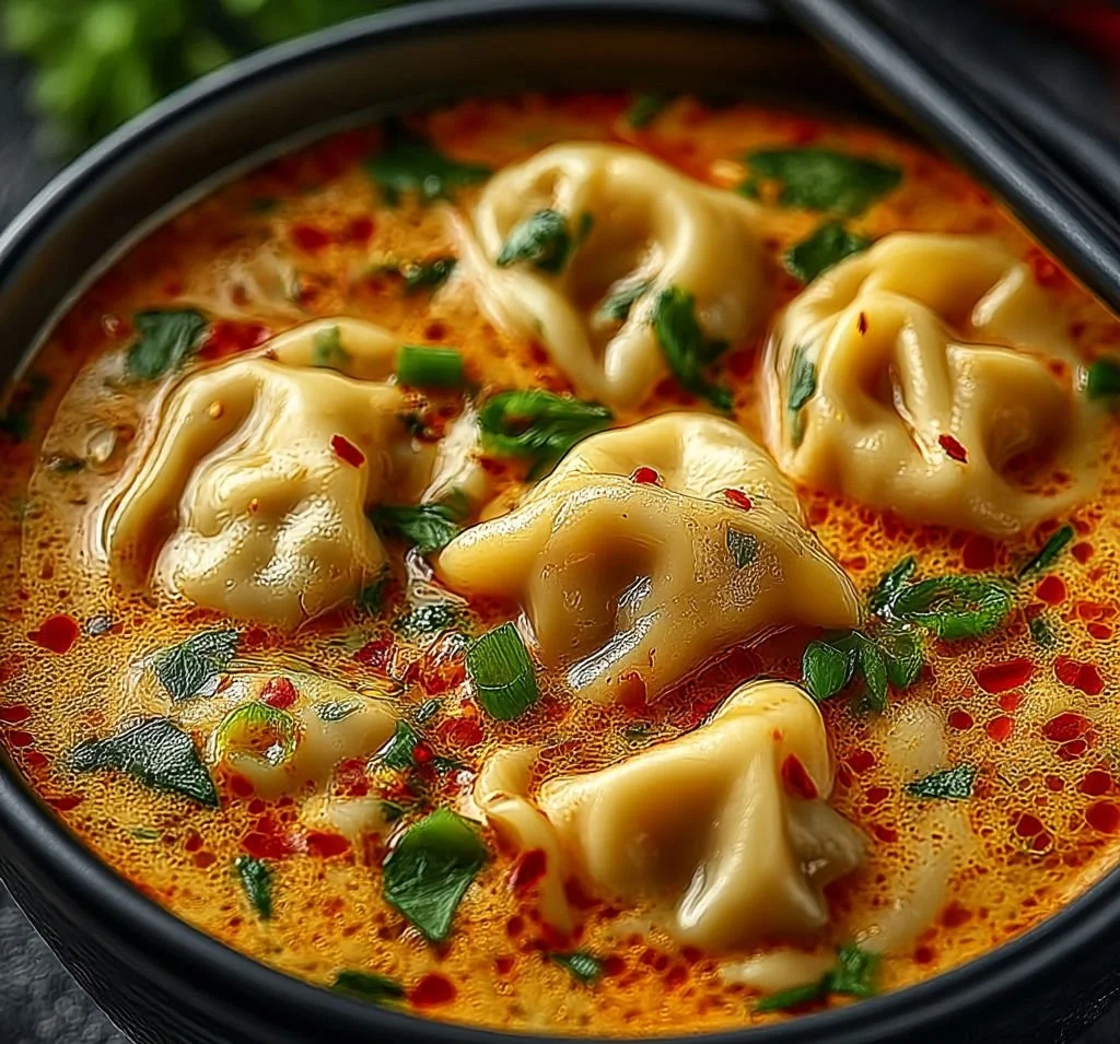 Bowl of Thai Potsticker Coconut Soup garnished with fresh herbs and potstickers.