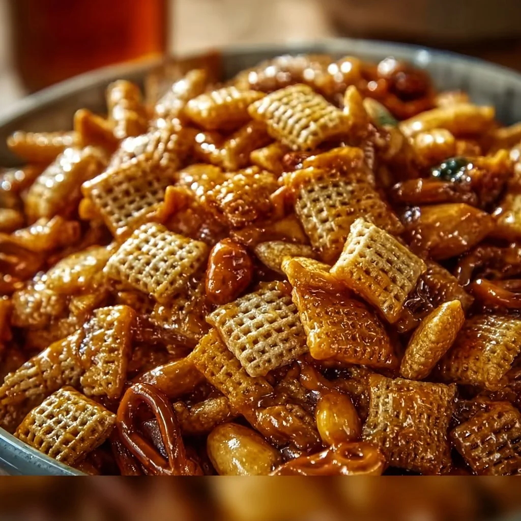 Delicious homemade Toffee Chex Mix in a bowl, perfect for snacking.
