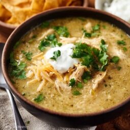 Bowl of Green Chile Chicken Enchilada Soup garnished with cilantro and lime.