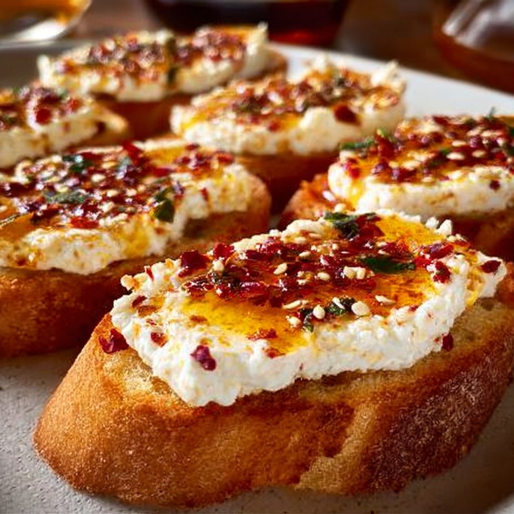 Sweet and Spicy Whipped Feta Crostini