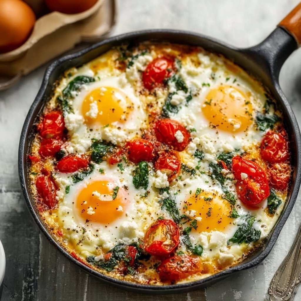 Baked Feta Eggs with Tomatoes and Spinach
