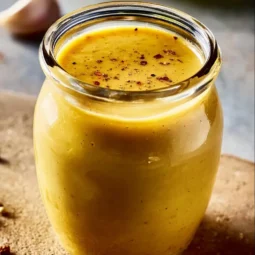 Anti-inflammatory garlic-lemon vinaigrette in a glass jar with fresh ingredients