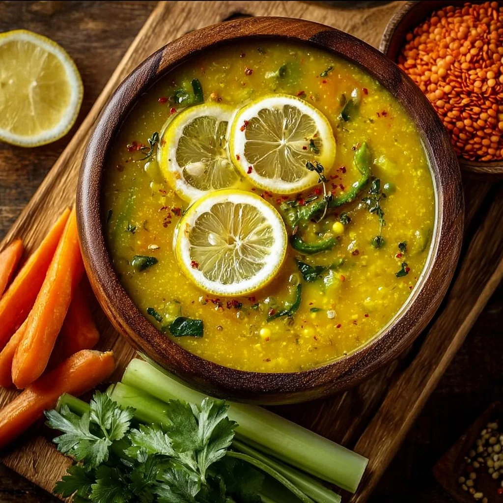 Bowl of vibrant Golden Lemon Lentil Soup garnished with fresh herbs