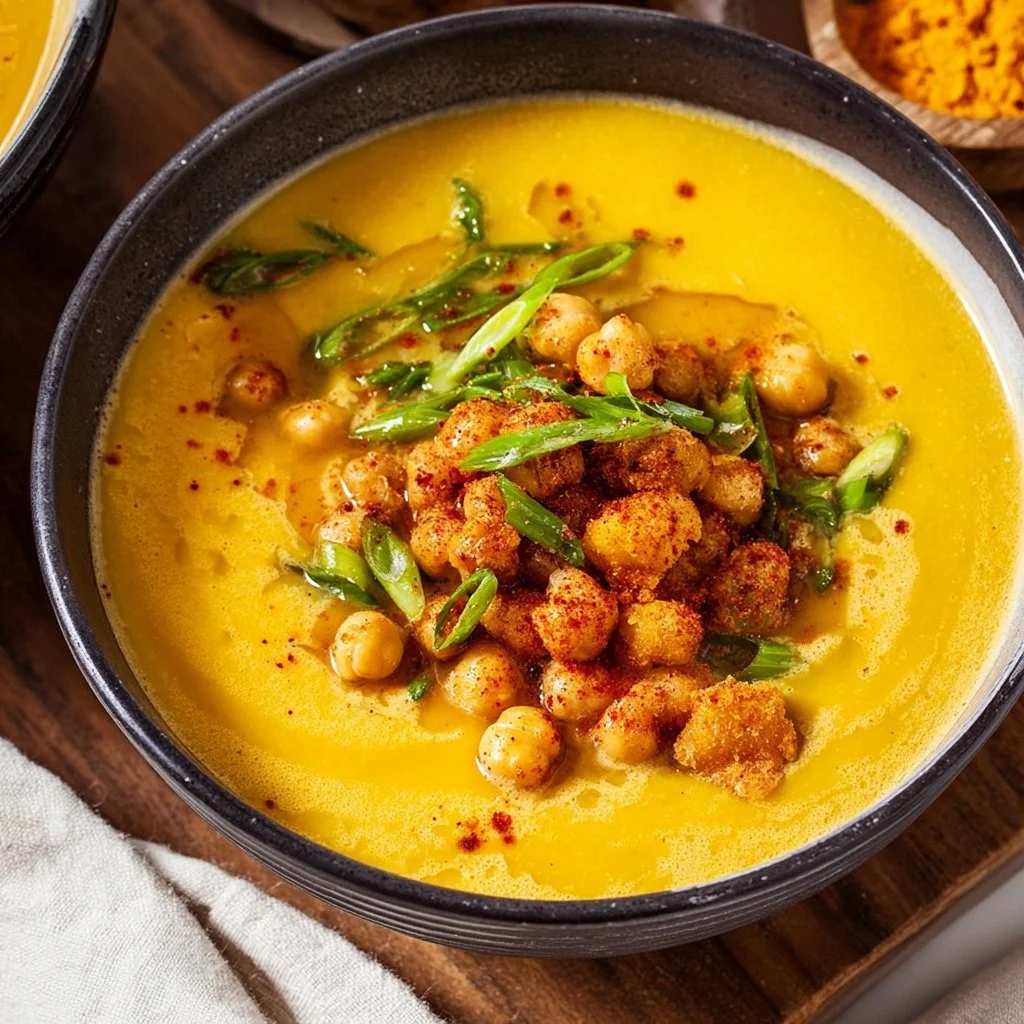 Bowl of anti-inflammatory golden soup made with turmeric and healthy ingredients
