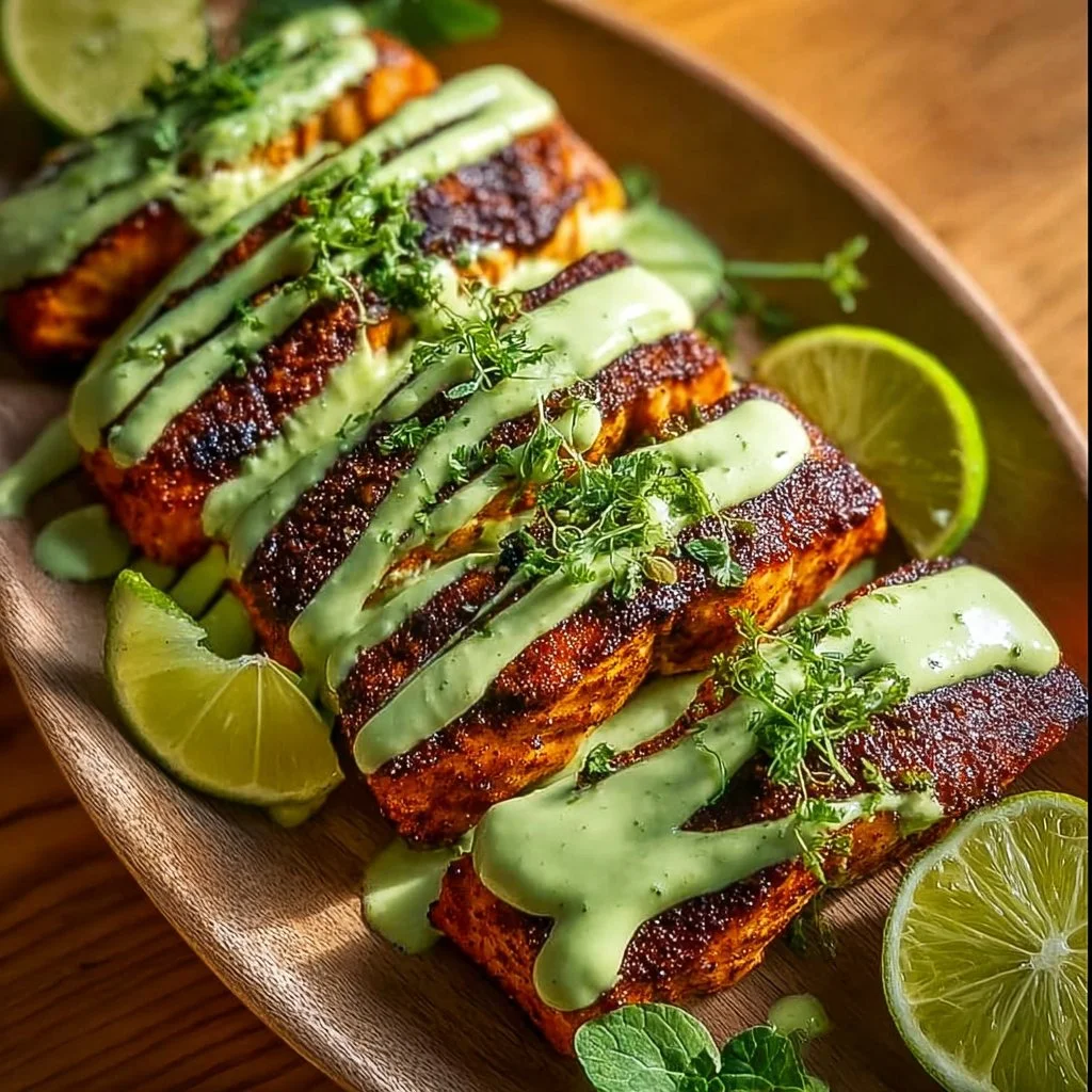 Baked Cajun Salmon with Avocado Lime Sauce