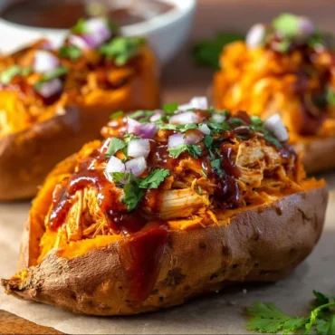 BBQ Chicken stuffed in sweet potatoes topped with fresh herbs and sauce