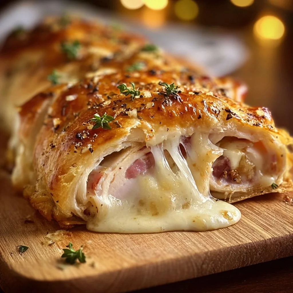 Delicious Chicken Cordon Bleu Stromboli with ham and cheese filling