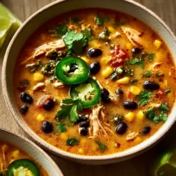 Delicious chicken poblano soup with black beans served in a bowl.