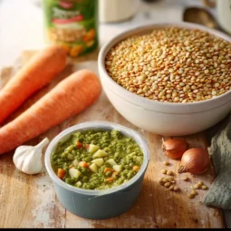 Bowl of comforting classic split pea soup garnished with herbs