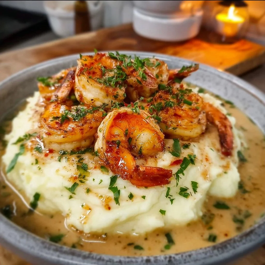 Creamy Garlic Shrimp Over Mashed Potatoes