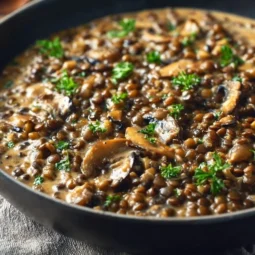 Creamy lentil and mushroom stew in a bowl, garnished with herbs