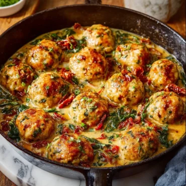 Creamy spinach turkey meatballs served on a plate with sauce