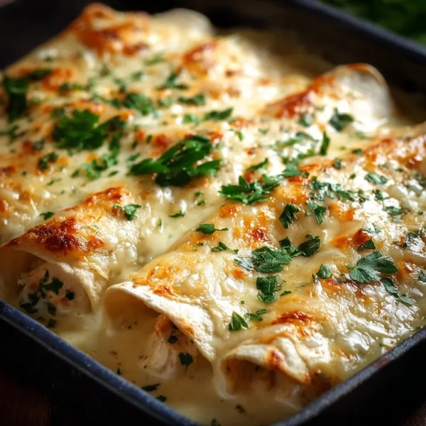 Creamy White Chicken Enchiladas 7 Creamy white chicken enchiladas topped with cheese and cilantro