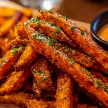 Crispy oven baked sweet potato fries on a plate with dipping sauce