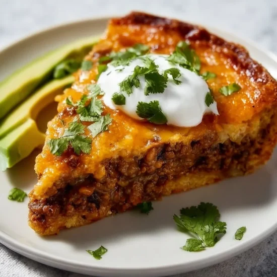 Keto-friendly crustless taco pie served on a plate with toppings.
