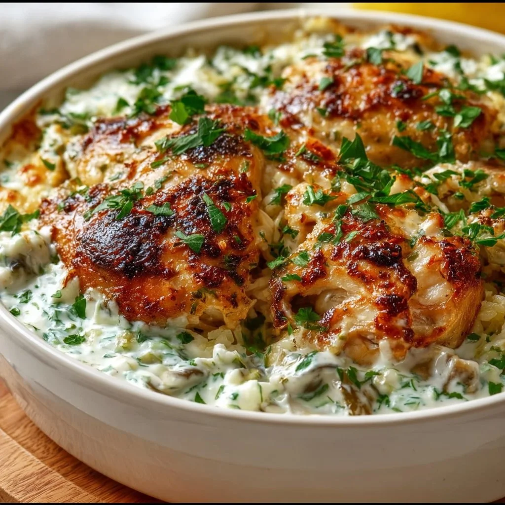 Delicious Dump-and-Bake Chicken Tzatziki Casserole on a serving plate